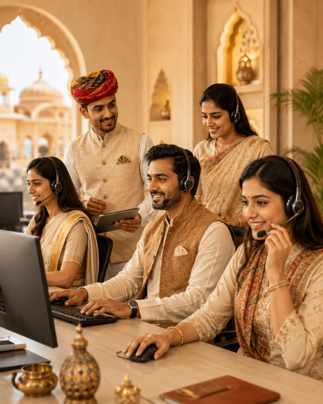 Marwari businessman assisting customers